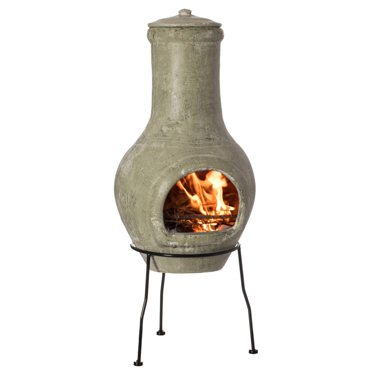 Beige Clay Chiminea Outdoor Fireplace 12In Charcoal Fire Pit Metal Stand